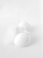 The photo features a white egg and feathers on a light background. The composition is...