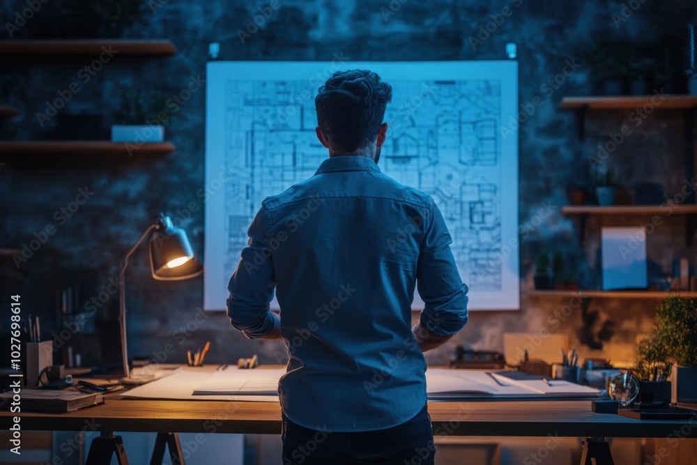 Poster a back view of an architect in a sleek studio, examining a blueprint under soft lighting, surrounded