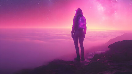 Pink Fantasy Illustration - Lone Figure on a Cliff Top