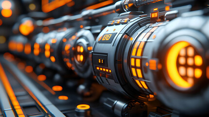 Futuristic Machinery with Orange Glowing Lights 3D Illustration