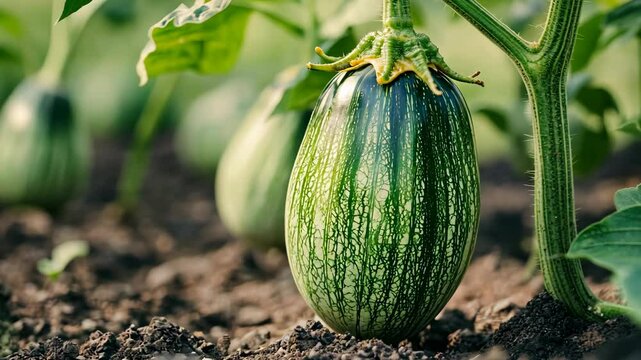 A green striped zucchini grows in a garden, surrounded by soil and other plants