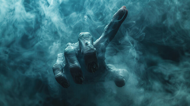 Scary Halloween celebration poster. Pointing creepy zombie monster hand on smoky background - Powered by Adobe