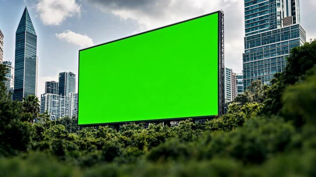 An urban landscape with a green screen billboard surrounded by lush greenery and tall buildings at midday