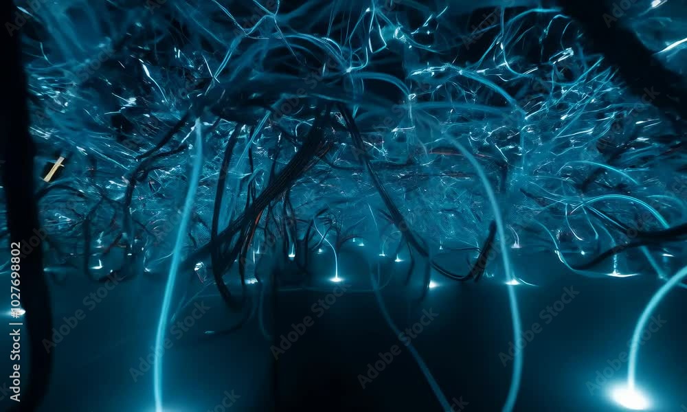 Aufkleber dark abstract background with glowing blue lines resembling neural network.