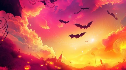 Obraz premium A surreal, colorful Halloween landscape with glowing bats flying across a bright pink and orange sky, abstract swirling clouds, and glowing pumpkins lighting up the scene.