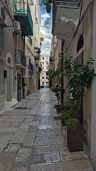 Obraz premium Street in the old town. Narrow street in the old town center. Facade of old buildings. Puglia, Italy.