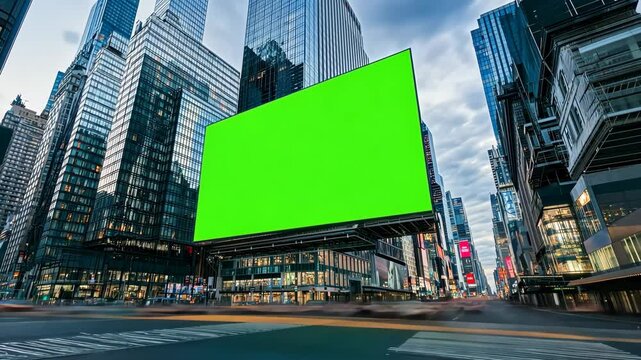 An empty green screen billboard on a busy urban corner during twilight, timelapse.