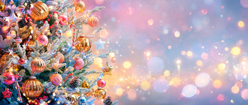 Christmas Tree - Golden Ornament Hanging Fir Branches With Bokeh Lights In Glittering Background
