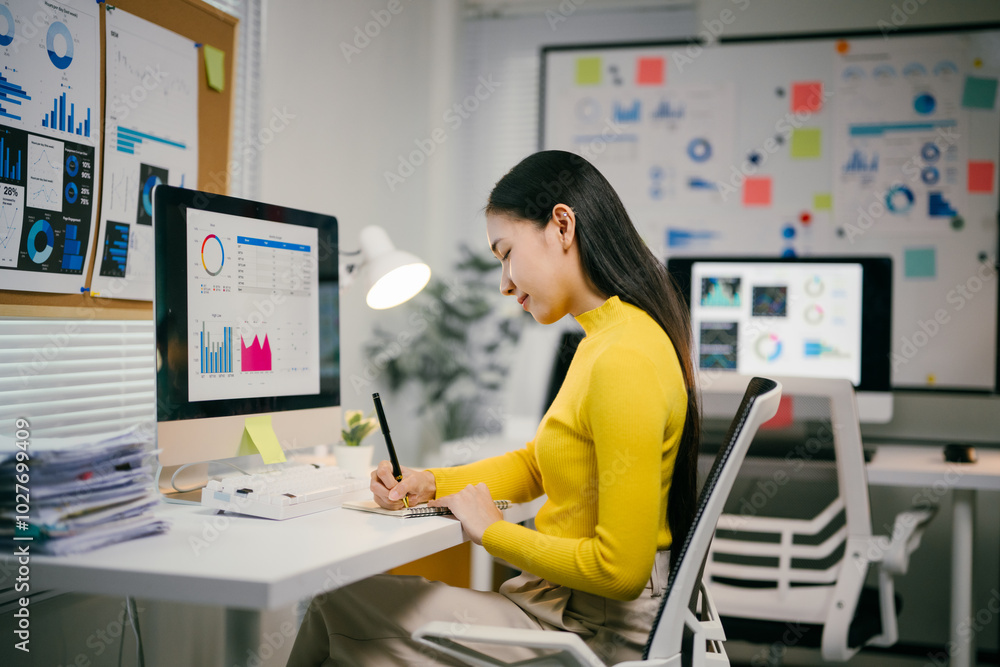 Aufkleber Businesswoman is analyzing data displayed on a computer screen and taking notes in her notebook while sitting at her desk