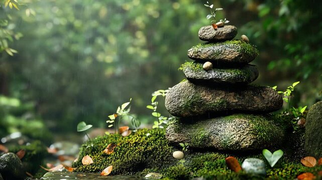 Zen Stones in a Peaceful Forest: Tranquil Nature Scene for Meditation and Mindfulness