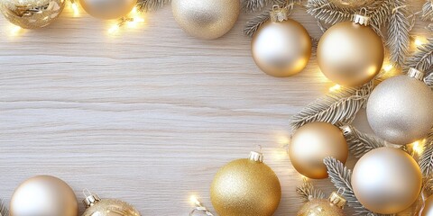 A cozy winter flat lay featuring shimmering gold and silver ornaments intertwined with soft twinkling lights on a rustic wooden surface, perfect for seasonal celebrations
