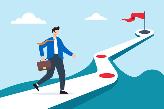Flat illustration of businessman walks along winning plan journey aiming for career success