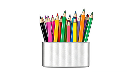 Fototapeta premium Colored pencils and pens in a pencil holder silver isolated from the white or transparent background isolated with white highlights, png