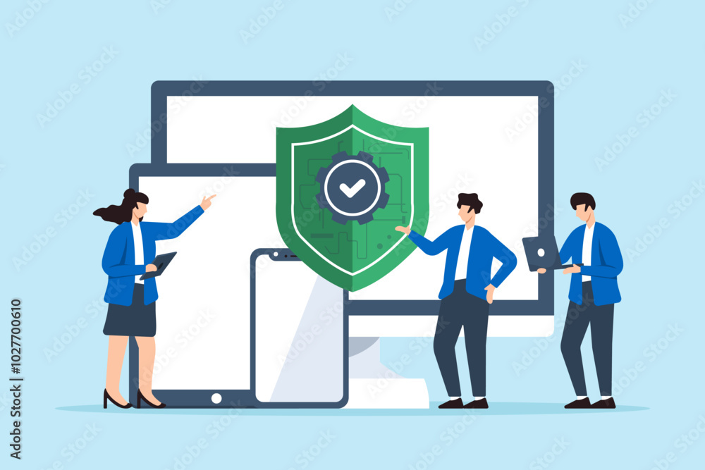 Poster flat illustration of group of it professionals installing antivirus software on multiple devices to 