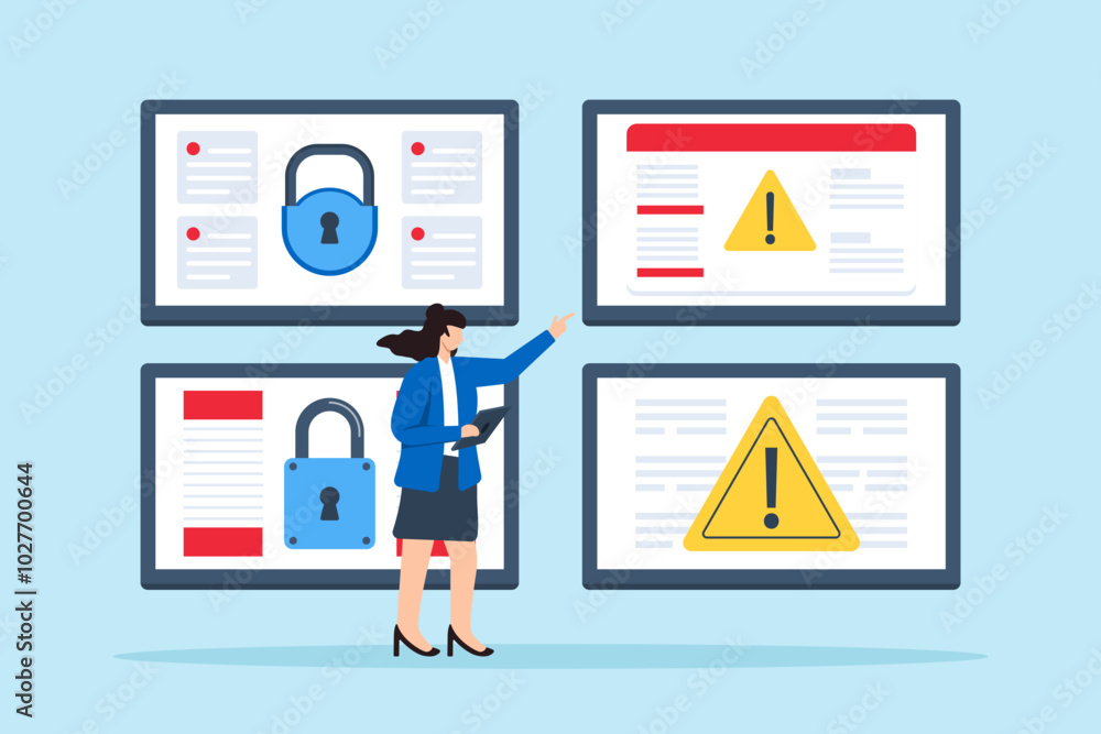 Poster flat illustration of cybersecurity analyst monitoring multiple screens with encrypted data and threa