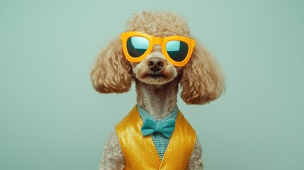 Fototapeta premium This lively poodle dons a bright carnival mask and shades, exuding charm at a festive celebration
