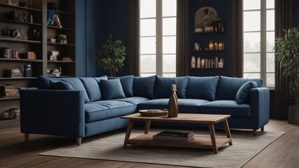 Interior of living room with blue sofa