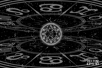 Black and White Round Frame with Zodiac Signs. Horoscope Symbol. Panoramic Sky Map of Hemisphere. Glowing Constellations on Starry Night Background. Raster. 3D Illustration