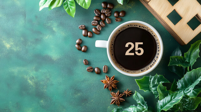 A "Home 2025" themed flat lay featuring a white coffee cup with the number "2025" over the frothy surface, set on a green background. Surrounding the cup are a wooden house model, green plant, coffee 