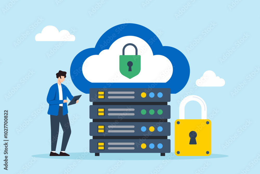 Poster flat illustration of network administrator securing cloud data storage with encrypted lock symbols