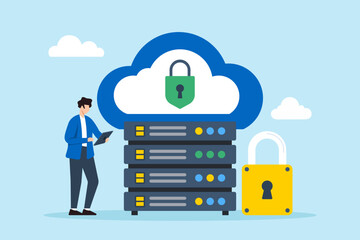 Flat illustration of network administrator securing cloud data storage with encrypted lock symbols