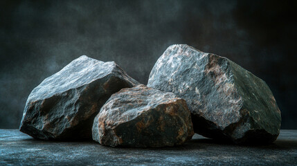Natural stones with unique textures, arranged on a dark background to create a podium effect. This setup is ideal for presenting products such as medicine, cosmetics, perfumes, or jewelry, emphasizing