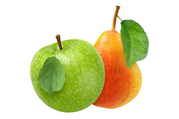 Fresh and ripe green apple and red-orange pear with leaves on isolated white background.