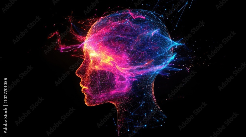 Poster abstract glowing head with a network of lines and dots surrounding it, symbolizing creativity