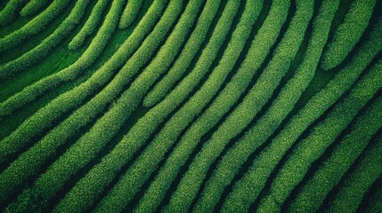 Fototapeta premium Aerial view of a green tea plantation with rows of crops