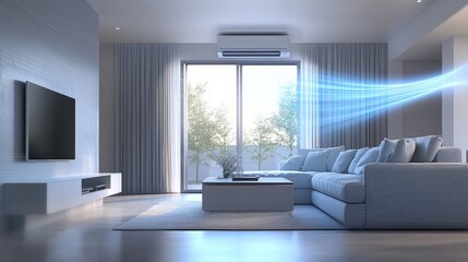 Fototapeta premium Futuristic Minimalistic Graphic Animation Poster of Innovative Air Conditioning System in Modern Living Room