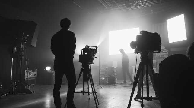 Create a silhouette illustration depicting a film crew working behind the scenes on a TV commercial or movie set.
