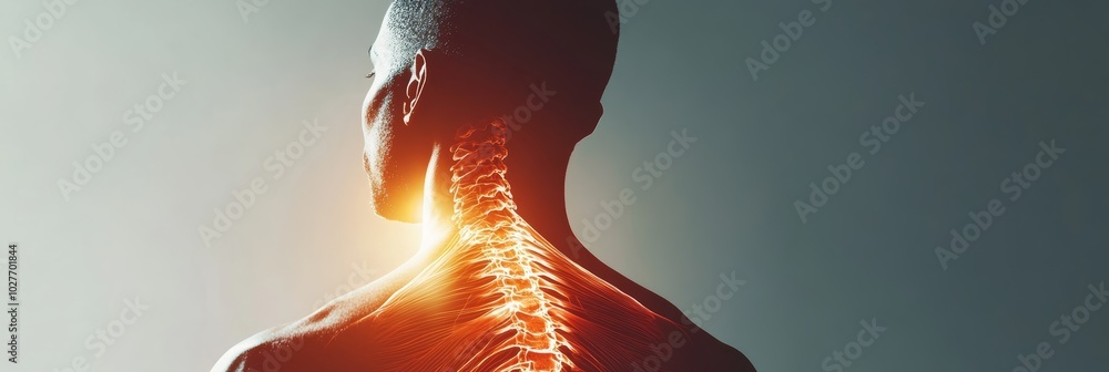 Poster Man is showing a painful neck and back area with his spine highlighted, showing a possible injury. This image can be used to represent medical issues