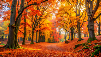 Obraz premium Colorful Autumn Forest with Golden, Red, and Orange Leaves. Perfect for: Autumn festivals, Thanksgiving, Fall Equinox