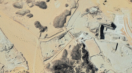 The landscape of the sandy desert in Qatar from a bird's eye view