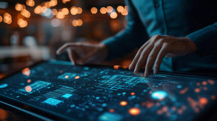 A businessman uses an interface screen to analyze and process operations, leveraging artificial intelligence (AI) systems. This concept highlights futuristic innovation and technology, incorporating t