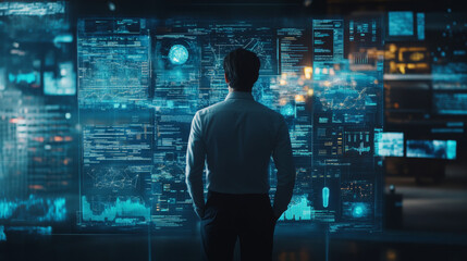 A businessman uses an interface screen to analyze and process operations, leveraging artificial intelligence (AI) systems. This concept highlights futuristic innovation and technology, incorporating t
