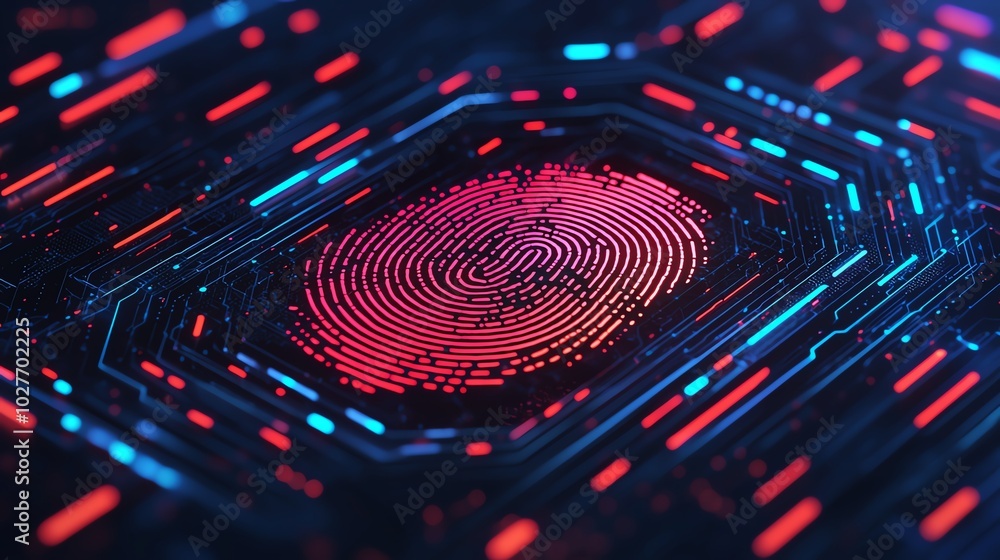 Sticker digital fingerprint glowing on a high-tech circuit board. futuristic technology theme symbolizing cy