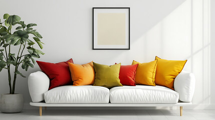 White sofa with vibrant pillows and art frame in Scandinavian living room