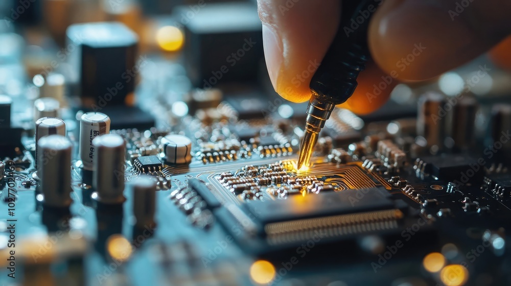 Poster close-up of a person working on a computer circuit board with electronic components