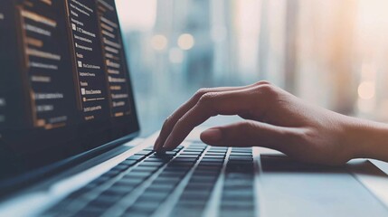 A person typing on a laptop keyboard with code displayed on the screen, bathed in soft sunlight.