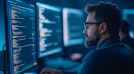 A focused programmer analyzes code on multiple monitors in a dimly lit environment, embodying concentration and technological innovation.