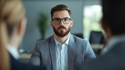 Fototapeta premium A focused young man in a suit is engaged in a serious conversation with two unseen individuals in a modern office setting.