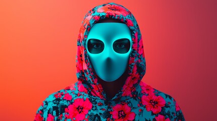 Surreal alien in floral hoodie against vibrant backdrop, blending science fiction with modern streetwear in a unique visual composition.