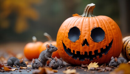 Fototapeta premium Halloween pumpkins with mouses on autumn blurred background,.