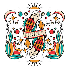 Pisces zodiac vector design, astrology graphic poster, horoscope and constellation t-shirt design, retro tattoo style. Zodiac t-shirt design