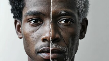 Aging Process: Split-Screen Close-Up of a Black Man's Face, Half Young and Half Old