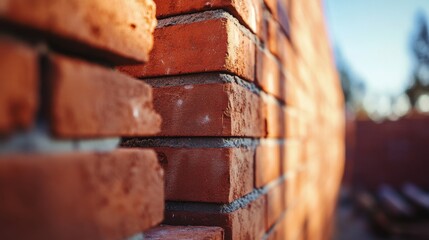 Close-up of a red brick wall under construction.