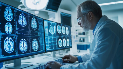 An experienced senior scientist works with CT/MRI brain scan images on a personal computer in a laboratory. Neurologists and neuroscientists at a medical research center collaborate on developing a cu