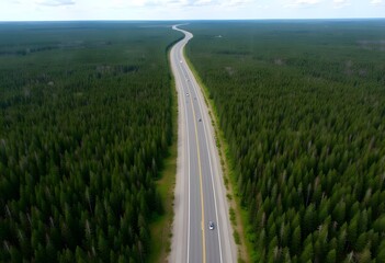 Obraz premium Aerial view of road interchange surrounded by forest in the countryside 
