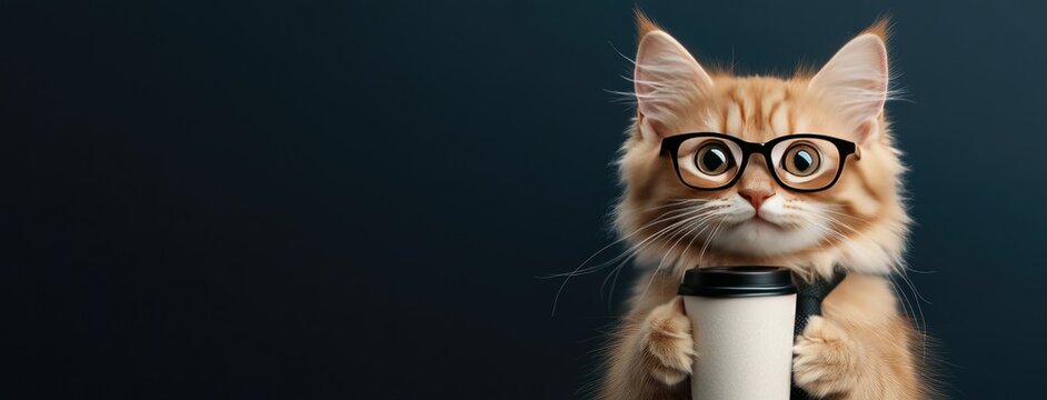 A stylish ginger cat in glasses and a tie enjoys coffee while making business calls in a bright, modern office setting